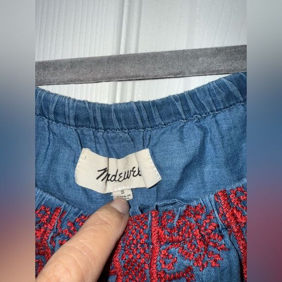 Madewell Embroidered Indigo Mercado Chambray Off Shoulder Dress NO BELT EUC S - Picture 5 of 8